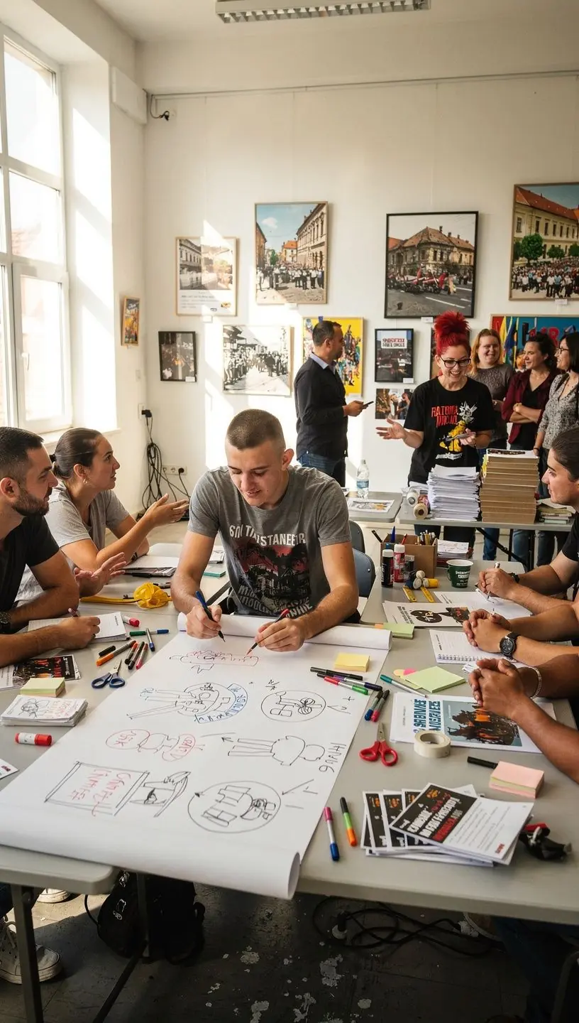 Tineri voluntari care colaborează la un proiect pentru îmbunătățirea serviciilor publice regionale.