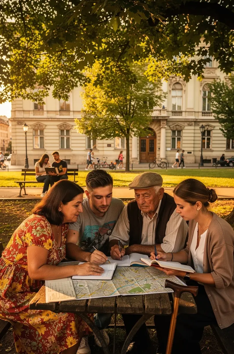 Grup de oameni din comunitate discutând idei pentru dezvoltarea locală într-un cadru urban.