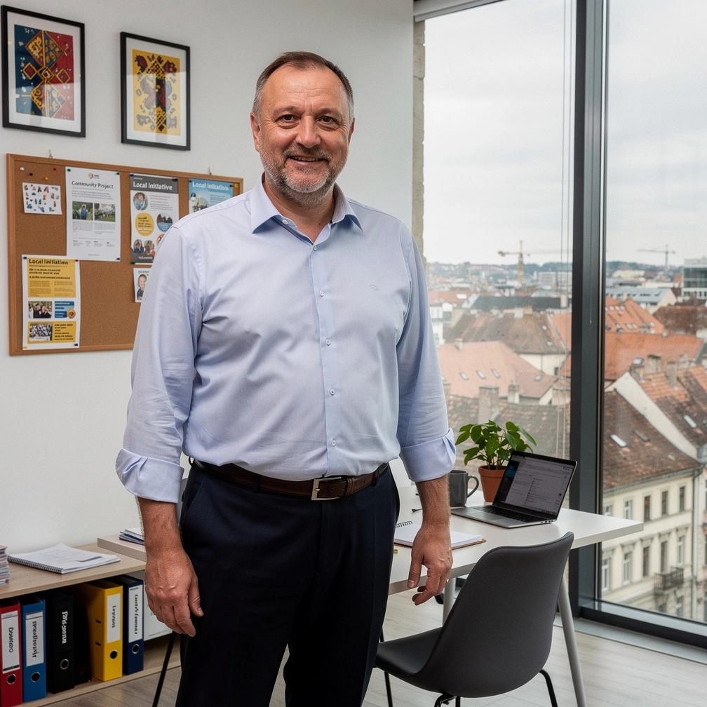 Oameni din comunitate discutând idei în jurul unei mese, ilustrând colaborarea locală și schimbul de perspective.